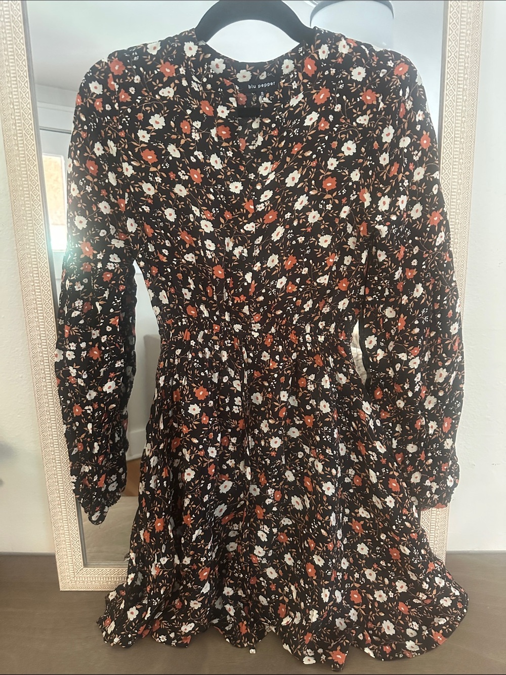 Blu Pepper Black Floral Long-Sleeve Dress with White and Rust Flowers